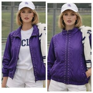 VTG Purple Silk Quilted Studded Windbreaker Bomber Track Jacket Sz L Pockets 80s